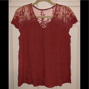 Embroidered Accent Tie Front Medium Blouse